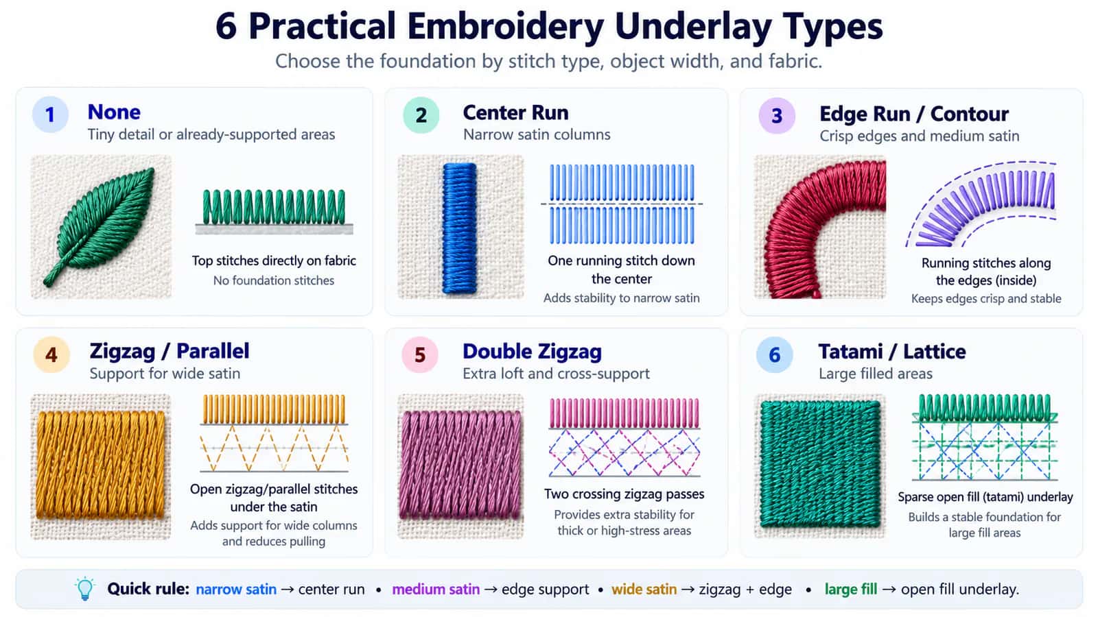 Types of underlay in embroidery: how to choose the right one