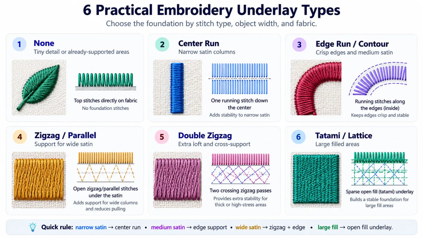 Types of underlay in embroidery: how to choose the right one