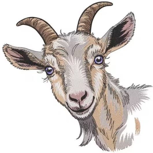 Digital embroidery design preview of a goat head logo with curved brown horns, pointed ears, and detailed gray and white facial features.