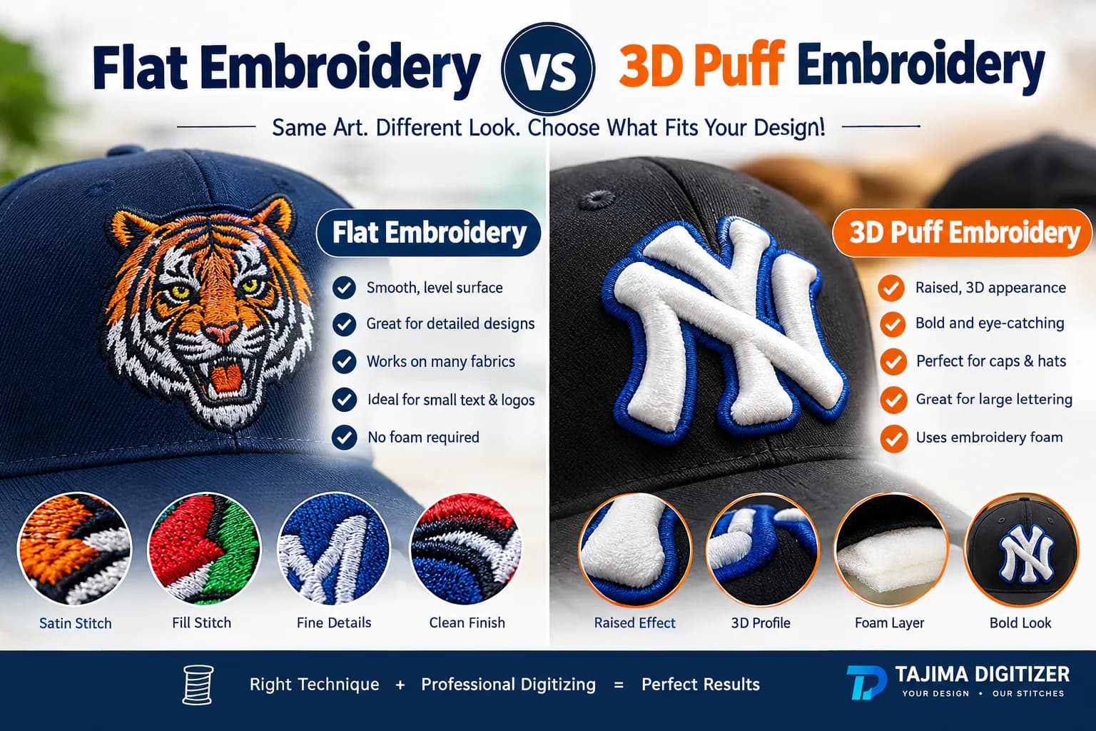Flat embroidery vs. 3D puff embroidery: which is right for your design? – embroidery digitizing