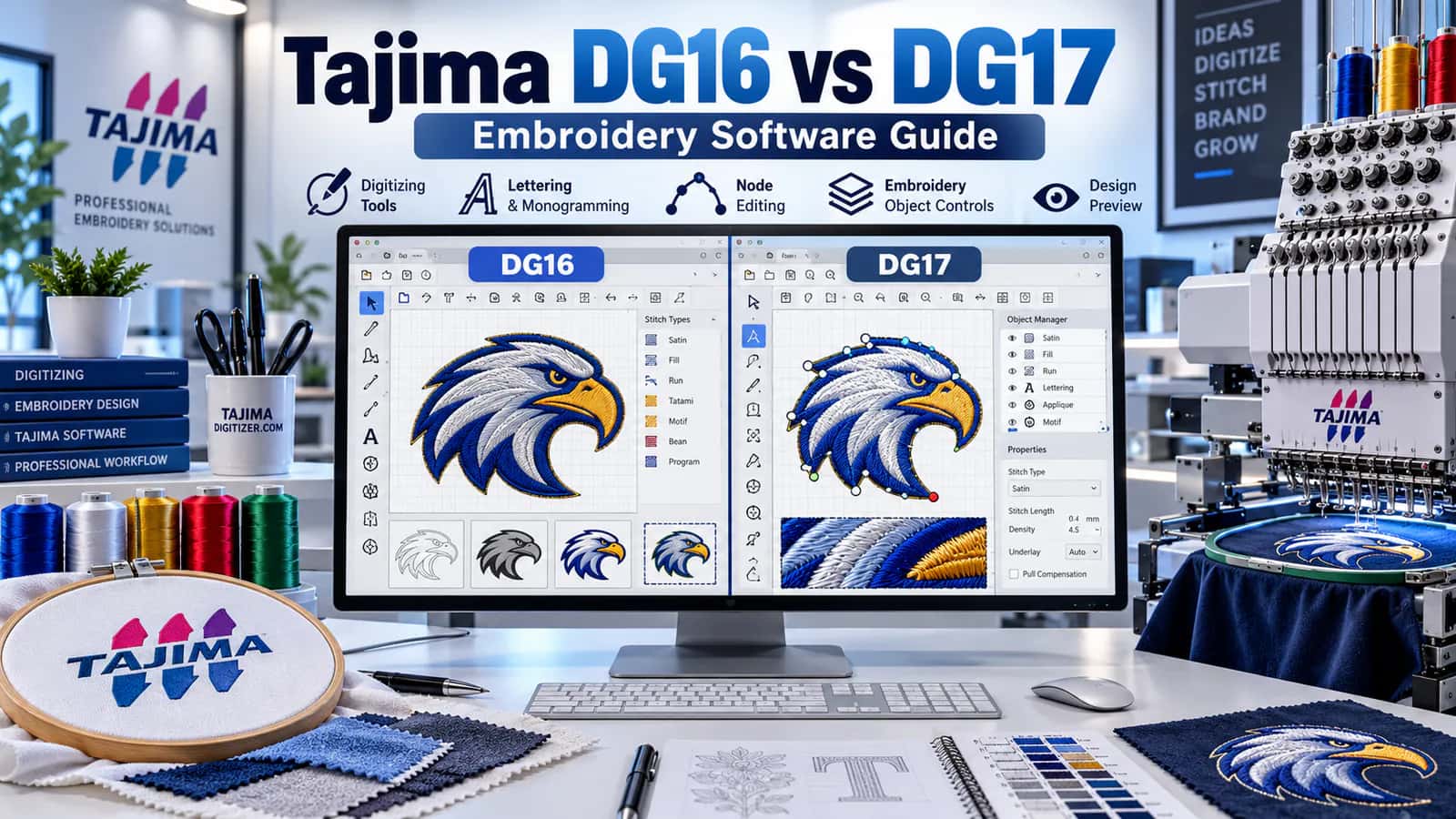 Tajima DG16 vs DG17 embroidery software comparison with digitizing tools and Tajima embroidery machine